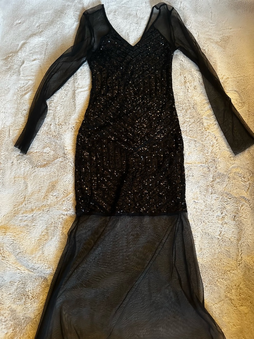 Black Sequin & Mesh Long-Sleeve Evening Gown - Picture 2 of 5